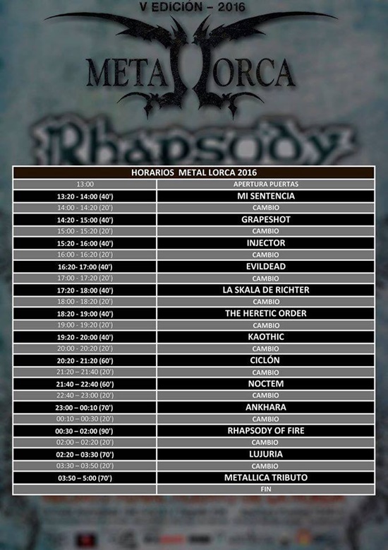 Horarios de la quinta edici\u00f3n del Metal Lorca | A ras de cielo